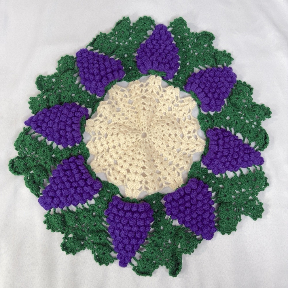 Handmade 24" Crocheted Purple Grapes Green Leaves Doily Table Topper Cottagecore